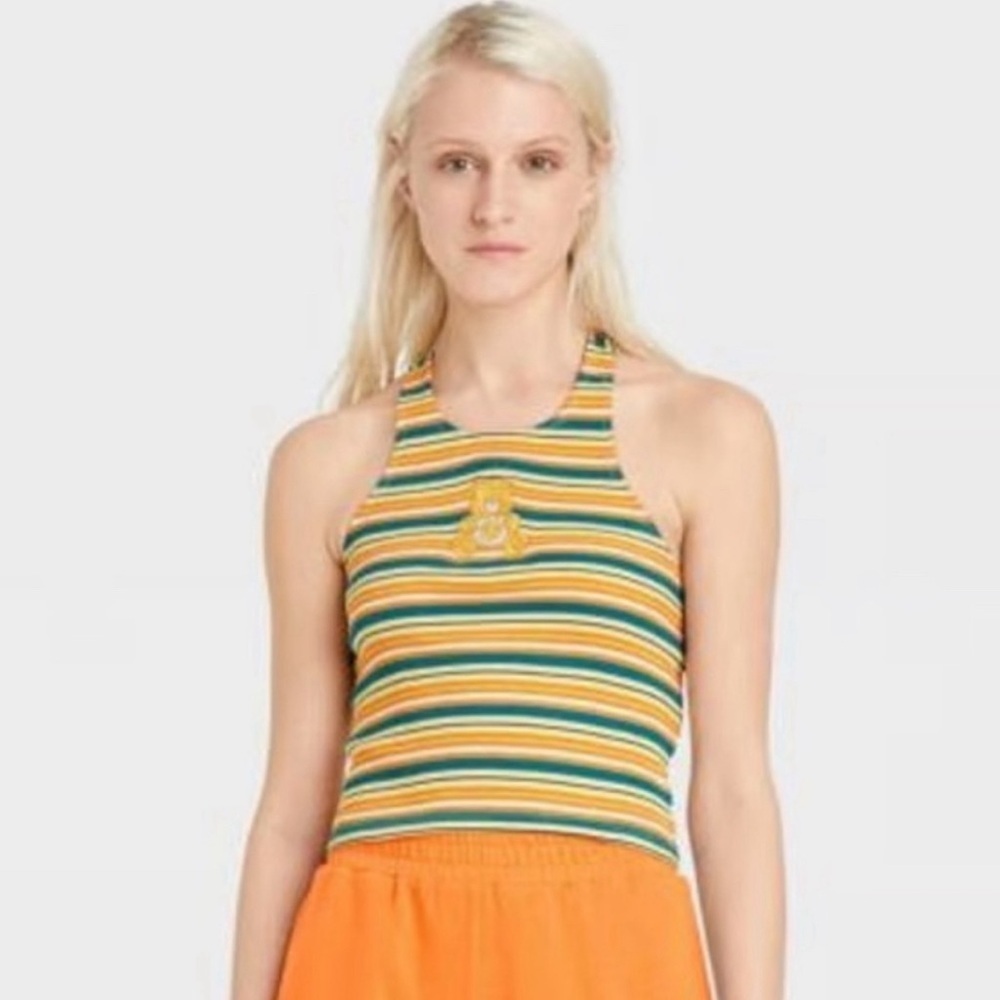 Care Bears Cropped Striped Racerback Tank Top Women's Size Large Sunshine Bear